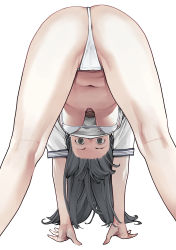 Rule 34 | 1girl, all fours, ass, bikini, bikini under clothes, black eyes, black hair, breasts, clothes lift, from behind, hanging breasts, highres, inamitsu shinji, kneepits, legs, legs apart, long hair, looking at viewer, looking back, medium breasts, navel, no pants, original, paid reward available, school uniform, shirt, shirt lift, short sleeves, simple background, sleeve cuffs, solo, stomach, swimsuit, upshirt, view between legs, white background, white bikini, white shirt