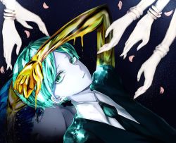 Rule 34 | androgynous, bad id, bad twitter id, blue eyes, blue hair, colored eyelashes, different reflection, gem uniform (houseki no kuni), gender request, golden arms, green eyes, green hair, highres, houseki no kuni, lapis lazuli (houseki no kuni), looking at viewer, lying, necktie, on back, phosphophyllite, reflection, short hair, smile, solo focus, spoilers, tsuki jin