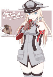 Rule 34 | 1girl, anchor symbol, bare shoulders, bismarck (kancolle), blonde hair, blue eyes, blush, box, brown gloves, character name, cowboy shot, dated, detached sleeves, gift, gift box, gloves, grey thighhighs, hair between eyes, happy birthday, hat, heart, holding, holding gift, kantai collection, long hair, military, military hat, military uniform, open mouth, peaked cap, shigino sohuzi, smile, solo focus, thighhighs, uniform