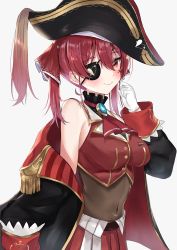 Rule 34 | 1girl, absurdres, arrow through heart, ascot, bicorne, black coat, black hat, blush, bodystocking, breasts, brooch, cleavage, closed mouth, coat, commentary, covered navel, cowboy shot, cropped jacket, eyepatch, gloves, hair between eyes, hat, highres, hololive, houshou marine, jacket, jewelry, leotard, leotard under clothes, looking at viewer, medium breasts, medium hair, nemun (tamizzz), off shoulder, pirate hat, pleated skirt, red ascot, red eyes, red hair, red jacket, red skirt, see-through, see-through leotard, simple background, skirt, sleeveless, sleeveless jacket, smile, solo, twintails, virtual youtuber, white background, white gloves