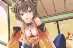 Rule 34 | 1girl, all fours, aqua eyes, bare shoulders, bluekalmia, blush, breasts, breasts apart, brown hair, cleavage, detached sleeves, hair ornament, indoors, looking at viewer, medium breasts, open mouth, oshiro project:re, oshiro project:re, short hair, shuri (oshiro project)