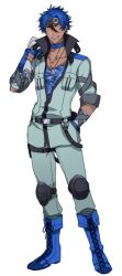 Rule 34 | 1boy, archived source, black hair, blue choker, blue footwear, blue gloves, blue hair, blue shirt, boots, camouflage, camouflage shirt, choker, creatures (company), cross-laced footwear, dark-skinned male, dark skin, dog tags, fold-over boots, full body, game freak, gen 5 pokemon, gloves, katagiri hachigou, knee pads, lace-up boots, legs apart, male focus, multicolored hair, nintendo, partially fingerless gloves, personification, pokemon, sawk, shirt, short hair, simple background, solo, standing, two-tone hair, white background
