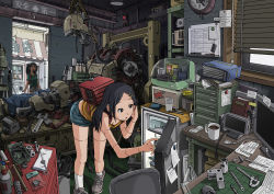 Rule 34 | 2girls, android, backpack, bag, bent over, black hair, brush, cable, chair, clock, coffee, downblouse, hair ornament, hairclip, indoors, long hair, messy room, monitor, multiple girls, nut (hardware), original, randoseru, refrigerator, rk, rk (lyl010), room, sukabu, translated, white legwear, whiteboard, window blinds, wrench