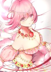 Rule 34 | 1girl, breasts, circlet, cleavage, coro (corota 5656), cyclamen (flower knight girl), dancer, detached sleeves, flower knight girl, jewelry, large breasts, looking at viewer, navel, necklace, pink eyes, pink hair, pink sleeves, short hair, signature, solo, upper body