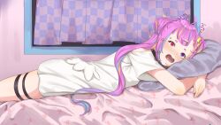 Rule 34 | 1girl, absurdres, ahoge, bed, bed sheet, closed eyes, commission, curtains, female focus, hair ornament, heterochromia, highres, hugging object, idol corp, looking at viewer, lying, multicolored hair, on stomach, open mouth, pillow, pillow hug, pink eyes, pink hair, purple eyes, riro ron, shirt, star (symbol), thighs, tongue, virtual youtuber, wallpaper, window, wings