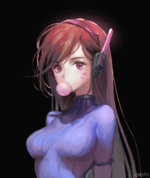 Rule 34 | 1girl, arms at sides, artist name, black background, blue bodysuit, bodysuit, breasts, breasts apart, brown hair, blowing bubbles, caesty, chewing gum, d.va (overwatch), facepaint, facial mark, headphones, medium breasts, overwatch, overwatch 1, pilot suit, purple eyes, ribbed bodysuit, simple background, skin tight, solo, swept bangs, turtleneck, upper body, whisker markings