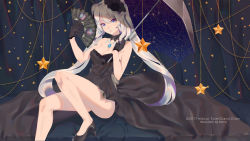 Rule 34 | 1girl, 2017, artist name, bad id, bad pixiv id, bare shoulders, black dress, black flower, black footwear, black gloves, black rose, blue eyes, blush, breasts, constellation, copyright name, curtains, dress, elleco (bcf159), english text, fate/grand order, fate (series), floral print, flower, folding fan, gloves, hair between eyes, hair flower, hair ornament, hand fan, head tilt, high heels, highres, holding, holding fan, holding umbrella, jewelry, long hair, looking at viewer, marie antoinette (fate), marie antoinette (formal dress) (fate), medium breasts, necklace, official alternate costume, parted lips, rose, shoes, sitting, smile, solo, star (symbol), strapless, strapless dress, twintails, umbrella, very long hair, white hair