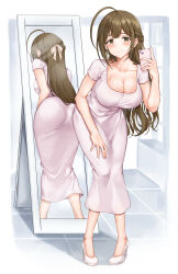 Rule 34 | 1girl, ahoge, blush, breasts, brown hair, cleavage, collarbone, dress, full body, half updo, highres, holding, holding phone, huge ahoge, idolmaster, idolmaster shiny colors, kuwayama chiyuki, large breasts, leaning forward, long dress, looking at viewer, mirror, phone, reflection, sirurabbit, smile, solo, sweatdrop, taut clothes, taut dress