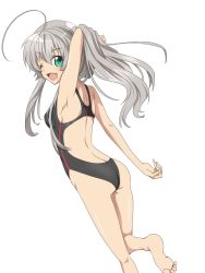 Rule 34 | 1girl, ass, barefoot, compacthuman, competition swimsuit, from behind, green eyes, haiyore! nyaruko-san, long hair, looking back, nyarlathotep (nyaruko-san), one-piece swimsuit, rumia (compacthuman), silver hair, swimsuit, wink