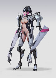 Rule 34 | 1girl, animal print, armor, arms at sides, bikini armor, black gloves, cable, cyborg, facing away, full body, gloves, highres, mechanical arms, purple hair, rabbit print, simple background, solo, standing, visor cap, wenfei ye