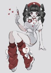 Rule 34 | 1girl, black hair, blunt bangs, breasts, buttons, dress, drill hair, full body, gloves, hand up, hat, heart, heart print, highres, holding, holding syringe, leg warmers, long hair, looking at viewer, medium breasts, nurse, nurse cap, open mouth, original, red eyes, red hat, red leg warmers, shiona (siona0625), short dress, short sleeves, simple background, sitting, smile, solo, syringe, twin drills, white dress, white gloves