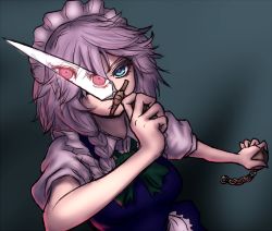Rule 34 | 1girl, apron, blue dress, blue eyes, bow, braid, breasts, colored eyelashes, commentary request, covering one eye, dress, dual persona, frown, izayoi sakuya, knife, maid, maid apron, maid headdress, miata (miata8674), pocket watch, red pupils, reflection, reisen udongein inaba, serious, short hair, short sleeves, silver hair, simple background, solo, teeth, touhou, twin braids, upper body, watch