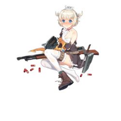 Rule 34 | 1girl, blonde hair, blue eyes, boots, chilunchilun, full body, girls&#039; frontline, gun, holding, knife, m1897 (girls&#039; frontline), official art, shield module, short hair, shotgun, shotgun shell, single boot, solo, thighhighs, torn clothes, transparent background, weapon, white thighhighs