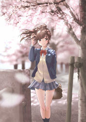 Rule 34 | 1girl, absurdres, arm behind back, arm up, bag, black socks, blazer, blue jacket, blue skirt, blurry, blurry background, bow, bowtie, brown eyes, brown hair, cherry blossoms, commentary, dappled sunlight, day, depth of field, feet out of frame, hair blowing, hand in own hair, highres, jacket, kirin 13, looking at viewer, miniskirt, open clothes, open jacket, original, outdoors, pleated skirt, ponytail, red bow, red bowtie, school bag, school uniform, short hair, skirt, smile, socks, solo, standing, sunlight, sweater vest, tree, uniform, wind
