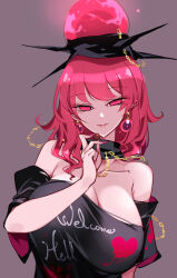 Rule 34 | 1girl, bare shoulders, black choker, black headwear, black shirt, breasts, candy, chain, chocolate, choker, clothes writing, collarbone, commentary request, earrings, eyelashes, fingernails, food, gold chain, half-closed eyes, hand up, heart, heart print, hecatia lapislazuli, highres, holding, holding food, jewelry, large breasts, lips, long fingernails, looking at viewer, medium hair, nail polish, off-shoulder shirt, off shoulder, open mouth, pink eyes, pink hair, pink nails, pointy ears, purple background, raptor7, shirt, short sleeves, simple background, smile, solo, t-shirt, touhou, underworld (ornament)