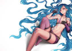 Rule 34 | 1girl, absurdly long hair, ammunition, ammunition belt, arm strap, arm tattoo, armpits, asymmetrical gloves, bandaid, bandaid on knee, bandaid on leg, bare shoulders, belt, belt buckle, bikini, bikini top only, blue hair, buckle, bullet, bullet necklace, elbow gloves, feet, fingerless gloves, fishnet thighhighs, fishnets, flat chest, gloves, grin, hand on own chest, highres, jewelry, jinx (league of legends), league of legends, long hair, lying, mismatched gloves, nail polish, necklace, no shoes, oopartz yang, parted lips, pink eyes, pink thighhighs, revealing clothes, short shorts, shorts, simple background, single thighhigh, smile, solo, stomach tattoo, swimsuit, tattoo, thigh strap, thighhighs, uneven gloves, very long hair, white background