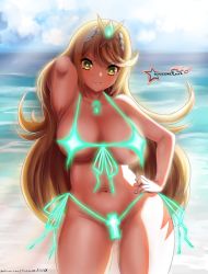 Rule 34 | 1girl, absurdres, arm up, artist name, awesomeerix, beach, bikini, blonde hair, breasts, chest jewel, cleavage, curvy, glowing clothes, hand on own hip, highres, large breasts, long hair, looking at viewer, micro bikini, mythra (xenoblade), navel, side-tie bikini bottom, smile, solo, standing, stomach, string bikini, swimsuit, thigh gap, tiara, xenoblade chronicles (series), xenoblade chronicles 2