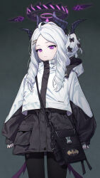 1girl :| alternate_costume bag batman_symbol black_bag black_bow black_horns blue_archive bow closed_mouth dc_comics deca_purio expressionless grey_background hair_bow hair_ornament hairpin halo highres hina_(blue_archive) hood hood_down hooded_jacket horns jacket long_hair long_sleeves looking_at_viewer multicolored_clothes multicolored_jacket multiple_hair_bows purple_eyes purple_halo shoulder_bag simple_background solo standing white_hair white_jacket