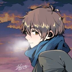 Rule 34 | 15imitation, 1boy, blue scarf, breath, brown eyes, brown hair, closed mouth, coat, dated, dusk, eyelashes, from side, grey coat, katekyo hitman reborn!, looking at viewer, male focus, outdoors, sawada tsunayoshi, scarf, short hair, signature, solo, upper body