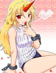 Rule 34 | 1girl, alternate costume, arm support, blonde hair, breasts, buruma, chain, cherry, contemporary, cuffs, finger to mouth, food, fruit, gradient background, heart, horns, hoshiguma yuugi, long hair, looking at viewer, parted lips, polka dot, polka dot background, red eyes, shackles, shirt, single horn, sitting, sleeveless, sleeveless shirt, smile, solo, star (symbol), star drop, touhou, turtleneck