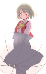 Rule 34 | 1girl, backlighting, blush, collared shirt, commentary, green hair, holding, holding umbrella, kazami yuuka, long sleeves, looking at viewer, plaid, plaid vest, rangycrow, red eyes, red vest, shirt, short hair, silhouette, skirt, solo, touhou, umbrella, upper body, vest, white background, white shirt, white umbrella, yellow neckwear