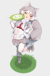Rule 34 | 1girl, animal ear fluff, animal ears, blush, dog (mixed breed) (kemono friends), dog ears, dog tail, elbow gloves, closed eyes, frisbee, fur trim, gloves, grass, grey hair, harness, in the face, jacket, japari symbol, kemono friends, multicolored hair, nyifu, open mouth, pantyhose, pleated skirt, portrait, scarf, short hair, short sleeves, skirt, solo, standing, standing on one leg, sweater, tail, white gloves, white hair, xo, you&#039;re doing it wrong
