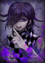 Rule 34 | 10s, 1boy, chain, checkered clothes, checkered scarf, close-up, danganronpa (series), danganronpa v3: killing harmony, highres, index finger raised, looking at viewer, machi (mctri), male focus, oma kokichi, purple background, purple eyes, purple hair, scarf, short hair, simple background, smile, solo, splatter, straitjacket