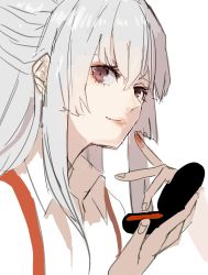 Rule 34 | 1girl, brown eyes, close-up, closed mouth, collared shirt, commentary, fujiwara no mokou, grey hair, hair between eyes, highres, long hair, looking at viewer, makeup, nanasuou, shirt, simple background, sketch, solo, suspenders, touhou, white background, white shirt