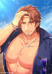 Rule 34 | 1boy, abs, alternate costume, bara, bare pectorals, beard, belmond banderas, brown eyes, brown hair, water drop, unworn eyewear, facial hair, hand on own head, hige kariudoshachi, jewelry, large pectorals, looking at viewer, male focus, mature male, muscular, muscular male, necklace, nijisanji, open clothes, open shirt, pectorals, short hair, smile, solo, stomach, stubble, upper body, virtual youtuber