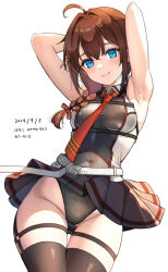 Rule 34 | 1girl, ahoge, armpits, arms behind head, arms up, black gloves, blue eyes, braid, breasts, brown hair, closed mouth, cowboy shot, dated, gloves, hair between eyes, hair flaps, hair over shoulder, hanako (peanut), highres, kantai collection, long hair, looking at viewer, medium breasts, necktie, pleated skirt, red necktie, shigure (kancolle), shigure kai san (kancolle), shirt, single braid, skirt, sleeveless, smile, solo, white background