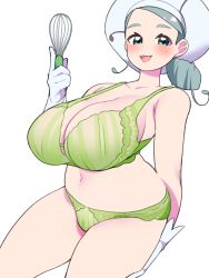 Rule 34 | 1girl, :d, alternate breast size, bellupup, blush, bra, breasts, chef hat, cleavage, collarbone, commentary request, cowboy shot, creatures (company), game freak, gloves, green bra, green eyes, green hair, green panties, hand up, hat, highres, holding, holding whisk, huge breasts, katy (pokemon), looking at viewer, mole, mole under eye, navel, nintendo, open mouth, panties, pokemon, pokemon sv, simple background, smile, solo, tongue, underwear, underwear only, whisk, white background, white gloves, white hat