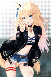 Rule 34 | 1girl, :o, animal ears, bandeau, belt, black belt, black collar, black jacket, blonde hair, blue eyes, blurry, blurry background, blush, bow, breasts, chain, cleavage, collar, commentary, cowboy shot, cutoffs, denim, denim shorts, ear bow, ear covers, ear ornament, gold chain, gold city (umamusume), hair between eyes, hand on own thigh, highres, hinagi nephy, holding, holding hair, horse ears, horse girl, horse tail, jacket, leaning forward, long hair, long sleeves, looking at viewer, midriff, multicolored nails, nail polish, navel, open clothes, open jacket, parted lips, short shorts, shorts, sidelocks, single ear cover, skindentation, small breasts, solo, standing, striped bandeau, swept bangs, tail, twitter username, umamusume