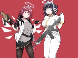 Rule 34 | 2girls, absurdres, angel, arknights, assault rifle, awkward, azazel (helltaker), black hair, breasts, crossover, energy wings, exusiai (arknights), closed eyes, fingerless gloves, gloves, gun, h&amp;k hk416, halo, helltaker, highres, kriss vector, large breasts, multiple girls, physisyoon, red hair, rifle, short hair, smile, submachine gun, trait connection, weapon, weapon request