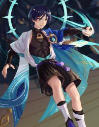 Rule 34 | 1boy, absurdres, black bow, black hair, black shirt, black shorts, blue cape, blue eyes, blunt ends, blurry, blurry background, bow, bridal gauntlets, cape, clenched hand, collarbone, commentary, covered collarbone, energy, english commentary, eyeshadow, feet out of frame, floating, genshin impact, grin, hand up, highres, jacket, makeup, male focus, niluhong, no headwear, open clothes, open jacket, parted lips, pom pom (clothes), purple sash, raised fist, red eyeshadow, rope, sash, scaramouche (genshin impact), shirt, short hair, short sleeves, shorts, sleeveless, sleeveless shirt, smile, solo, tassel, v-shaped eyebrows, vision (genshin impact), wanderer (genshin impact), white jacket, wide sleeves