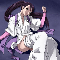 Rule 34 | 1girl, bridal gauntlets, clothes pull, flat chest, from above, haruyama kazunori, head tilt, japanese clothes, kekkaishi, long hair, lowres, lying, navel, no panties, on side, outstretched arms, pants, pants pull, purple eyes, purple hair, ribbon, solo, spread arms, very long hair, yukimura tokine