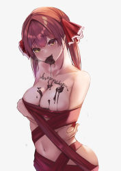 Rule 34 | 1girl, absurdres, arenoyoni, arms under breasts, blush, body writing, breast hold, breasts, candy, chocolate, chocolate heart, chocolate on body, closed mouth, collarbone, commentary request, crossed arms, food, food on body, hair ribbon, heart, heterochromia, highres, hololive, houshou marine, long hair, looking at viewer, medium breasts, mouth hold, naked ribbon, navel, red eyes, red hair, red ribbon, ribbon, simple background, solo, twintails, valentine, virtual youtuber, white background, yellow eyes