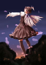 Rule 34 | 1girl, animal ears, brown dress, brown thighhighs, dress, evening, feathers, floating, forest, full body, hat, long sleeves, mystia lorelei, nature, outstretched arm, profile, puffy long sleeves, puffy sleeves, short hair, sky, solo, sunset, thighhighs, touhou, twilight, white (blue white), wings