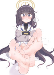 Rule 34 | 1girl, absurdres, barefoot, black hair, blue archive, blush, feet, foot focus, hairband, highres, leims (urje8584), longh hair, looking at viewer, open mouth, soles, steam, sweat, toes, ui (blue archive)