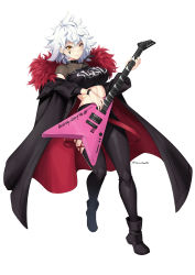 Rule 34 | 1girl, absurdres, black footwear, black jacket, black pantyhose, black shirt, blush, boots, breasts, brown eyes, closed mouth, clothes writing, commission, crop top, earrings, electric guitar, facial mark, full body, fur-trimmed jacket, fur trim, gibson flying v, guitar, hair between eyes, highres, holding, holding instrument, instrument, jacket, jewelry, long sleeves, looking at viewer, lulu-chan92, medium breasts, midriff, off shoulder, open clothes, open jacket, original, pantyhose, puffy long sleeves, puffy sleeves, shirt, simple background, smile, solo, twitter username, white background, white hair