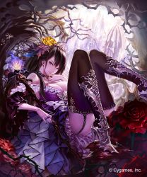 Rule 34 | 10s, 1girl, ass, bare shoulders, black hair, black thighhighs, blue eyes, boots, breasts, choker, cleavage, crown of thorns, dress, female focus, fingernails, flower, garter straps, granblue fantasy, hair flower, hair ornament, hand to own mouth, high heel boots, high heels, hisakata souji, jewelry, large breasts, long fingernails, long hair, lying, nail polish, pinky out, purple dress, ring, rose queen, shingeki no bahamut, solo, staff, thigh boots, thighhighs, watermark