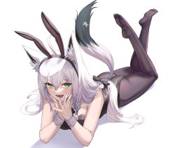 Rule 34 | 1girl, absurdres, animal ear fluff, animal ears, black leotard, black pantyhose, blush, braid, breasts, commentary request, eredhen, fake animal ears, fox ears, fox girl, fox tail, green eyes, hair between eyes, head rest, highres, hololive, leotard, long hair, looking at viewer, lying, on stomach, open mouth, pantyhose, pentagram, playboy bunny, rabbit ears, shirakami fubuki, sidelocks, simple background, single braid, small breasts, solo, tail, virtual youtuber, white background, white hair, wrist cuffs
