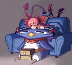 Rule 34 | 1girl, 1other, anklet, beak, bird, black footwear, black gloves, boots, bored, bullying, cheek pull, commentary, controller, couch, demon tail, demon wings, disgaea, earrings, elbow gloves, english commentary, etna (disgaea), full body, game controller, gamepad, gloves, hair pulled back, highres, jewelry, knee boots, medium hair, mini wings, nonneim, peg leg, penguin, pointy ears, pouch, prinny, red eyes, red hair, red scarf, scarf, shorts, sitting, skull earrings, slit pupils, studded anklet, studded bracelet, tail, tears, wings