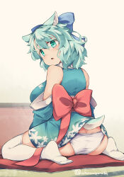 Rule 34 | 1girl, amamiya kaoruko, animal ears, ass, blue bow, bow, breasts, butt crack, commentary request, detached sleeves, from behind, green eyes, green hair, green kimono, green sleeves, hair between eyes, hair bow, japanese clothes, kimono, kuromiya, large breasts, looking at viewer, looking back, open mouth, original, panties, sitting, solo, thighhighs, underwear, wariza, white panties, white thighhighs