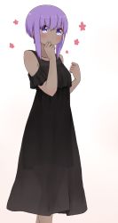 Rule 34 | 1girl, bare shoulders, black dress, blush, brown background, closed mouth, dark-skinned female, dark skin, dress, fate/prototype, fate/prototype: fragments of blue and silver, fate (series), gradient background, hair between eyes, hands up, hassan of serenity (fate), highres, i.u.y, looking at viewer, purple eyes, purple hair, see-through, sidelocks, sleeveless, sleeveless dress, smile, solo, white background