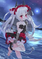Rule 34 | 1girl, azur lane, backless dress, backless outfit, bare shoulders, black dress, black footwear, blush, chain, closed mouth, commentary request, dress, dutch angle, elbow gloves, fang, fang out, female focus, finger to mouth, floral print, flower, full moon, gloves, glowing, glowing eyes, grey gloves, grey wings, hair between eyes, hair flower, hair ornament, hair ribbon, head tilt, high heels, highres, horizon, long hair, looking at viewer, looking back, low wings, metal wings, moon, night, night sky, no panties, outdoors, pleated dress, print gloves, red eyes, red flower, red ribbon, red rose, ribbon, rose, rose print, shoes, short dress, shoulder blades, sidelocks, silver hair, sky, smile, soles, solo, standing, standing on one leg, star (sky), starry sky, strapless, strapless dress, sutei (xfzdarkt), toenails, twintails, unworn shoe, unworn shoes, vampire (azur lane), vampire (eloi&#039;s blessing) (azur lane), very long hair, water, white ribbon, wings