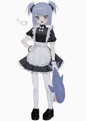 Rule 34 | 1girl, absurdres, apron, black footwear, black ribbon, blue hair, bow, bowtie, commentary, frilled apron, frills, full body, grey eyes, hair ribbon, hand on own hip, highres, holding, holding stuffed toy, looking at viewer, maid, maid apron, open mouth, original, pantyhose, ribbon, sharp teeth, short hair, short sleeves, shou (mori boro), simple background, solo, standing, stuffed animal, stuffed shark, stuffed toy, symbol-only commentary, teeth, two side up, white apron, white background, white bow, white bowtie, white pantyhose