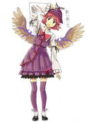Rule 34 | 1girl, bad id, bad pixiv id, dress, earrings, face, female focus, hat, jewelry, legs, mary janes, mystia lorelei, pink hair, purple hair, salute, shiba itsuki, shoes, short hair, simple background, solo, thighhighs, touhou, white background, wings