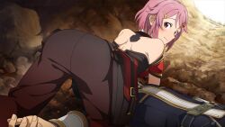 Rule 34 | 1boy, 1girl, all fours, armor, ass, ass focus, bare shoulders, black hair, blush, embarrassed, from behind, game cg, hair ornament, hairclip, highres, huge ass, kirito, lisbeth (sao), looking back, looking down, pants, pink eyes, pink hair, short hair, sword art online, sword art online: alicization