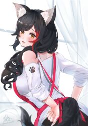Rule 34 | 1girl, animal ear fluff, animal ears, apron, black hair, blush, hair over shoulder, highres, hololive, long hair, looking back, mochi rice (mochi rice33), multicolored hair, off-shoulder shirt, off shoulder, ookami mio, ookami mio (casual), orange eyes, paw print, shirt, signature, solo, streaked hair, tail, twitter username, virtual youtuber, wolf ears, wolf girl, wolf tail