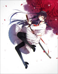 Rule 34 | 1girl, black hair, black pantyhose, choker, fighting stance, flower, hakusai (tiahszld), high heels, highres, katana, long hair, long skirt, mary janes, md5 mismatch, neckerchief, original, pantyhose, petals, pleated skirt, ready to draw, red eyes, red neckerchief, resolution mismatch, rose, rose petals, shoes, skirt, solo, source smaller, sword, weapon, white background